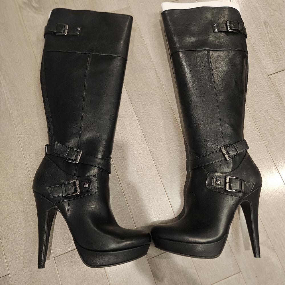 G By Guess Black Heeled Knee High Boots with Buckle Detail